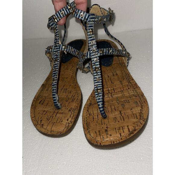 Gianni Bini Sandals Womens 8.5 Strappy Ankle Straps Flats - Blue With Detailing - Picture 1 of 9